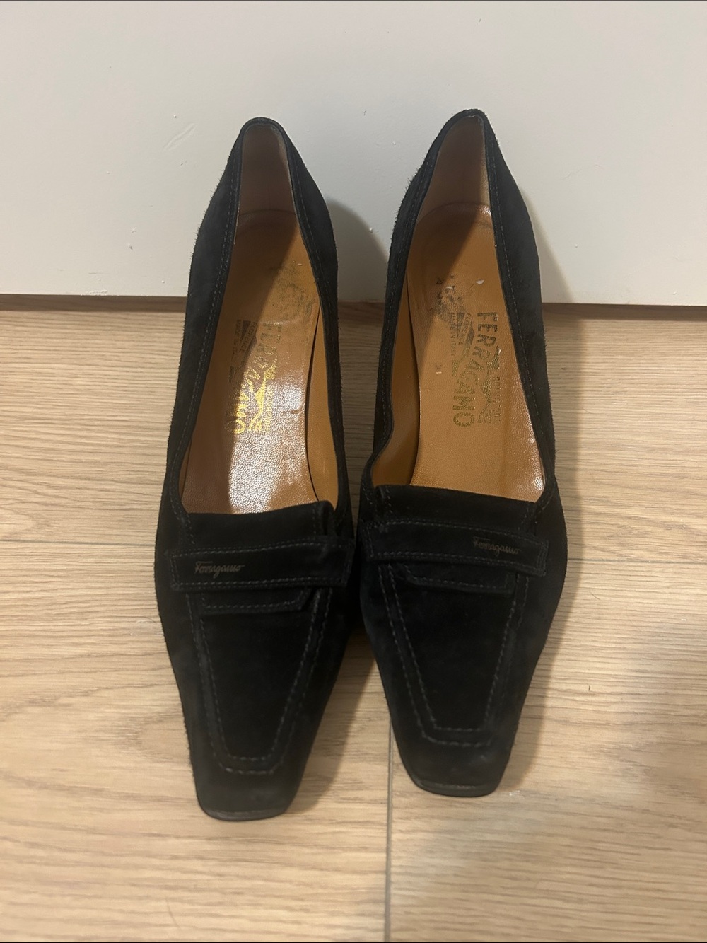 Salvatore Ferragamo Black Suede Square-Toe Heeled Loafers